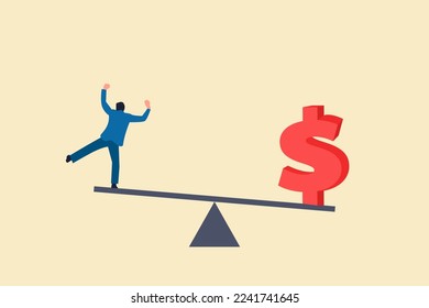 businessman balancing on a seesaw with a dollar finance money symbol. concept off financial balance, optimization and Saving budget.