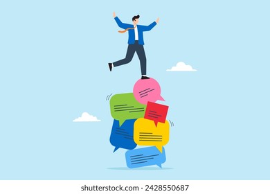 Businessman balancing on stack of speech bubble