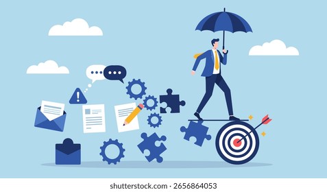 Businessman Balancing on Symbolic Workflow Path Toward Target with Umbrella – Flat Vector Concept Illustration