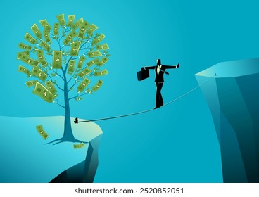 Businessman balancing on a thin rope over a ravine, with a suitcase in hand, striving to reach a money tree on the other side. Concepts of risk and overcoming challenges in business