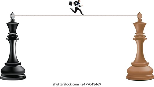 Businessman balancing on a tightrope between two chess pieces