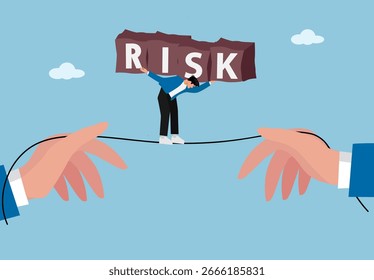 Empresário Balanceando no Tightrope enquanto carrega risco pesado, desafio e responsabilidade na ilustração de negócios, finanças e conceito de investimento
