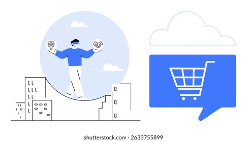 Businessman balancing symbol of idea and handshake above cityscape, cloud with shopping cart symbol. Ideal for e-commerce, business strategy, ideas, partnerships, cloud computing, marketing, urban