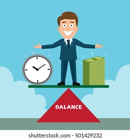 Businessman balancing time and money, vector illustration cartoon