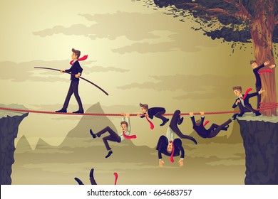 Businessman balancing and walking on rope to cross the gap while competitor falling down. Vector illustration Business Concept