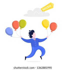 Businessman with balloon fly to the success. Idea of growth and improvement. Career success. Isolated vector illustration in cartoon style