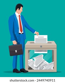 Businessman and ballot box. Container with glass window and lock full of documents papers. Voting case for suggestions elections. Box for tips and donations. Vector illustration in flat style