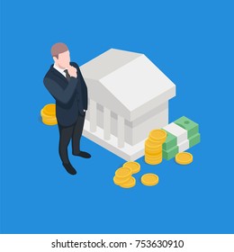 Businessman And Bank, Banker And His Capital, Man Thinking, Investment Vector Concept Isometric Illustration 