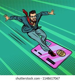 Businessman And Bank Card. Extreme Sports Speed On The Board. Comic Cartoon Pop Art Retro Vector Illustration Drawing