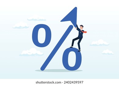 El banquero empresario, la FED o el gobierno pusieron una flecha al alza sobre el símbolo porcentual, la tasa de interés, el aumento de impuestos o IVA, la tendencia al alza de la tasa de préstamos e hipotecas, el beneficio de la inversión o el aumento del dividendo (Vector)