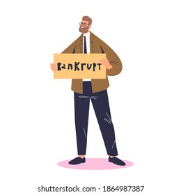 Businessman bankrupt. Poor cartoon business man with financial failure and bankruptcy. Debt and finance problem concept. Flat vector illustration