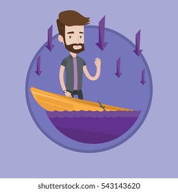 Businessman bankrupt standing in a sinking boat. Hipster businessman sinking and arrows going down symbolizing business bankruptcy. Vector flat design illustration in the circle isolated on background