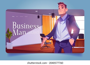 Businessman Banner With Leader In Office Conference Room. Vector Landing Page With Cartoon Illustration Of Ceo Man In Suit In Company Boardroom With Table And Chairs