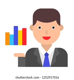 Businessman with bar chart vector, flat design icon