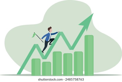 Geschäftsmann mit Balkendiagramm, Gewinne und Kapitalrendite oder Ersparnisse, Konzept der Steigerung von Wohlstand durch Investitionen und Unternehmen, Festlegung finanzieller Ziele