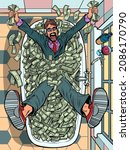 Businessman in the bathroom with money. Cash dollars, wealth and lottery winnings. Big Profit Millionaire