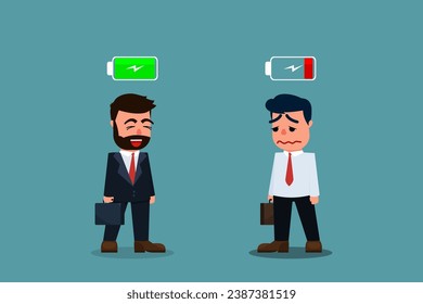 A businessman with a battery full of energy is high on green and a businessman with low energy on red. Business competition. Happy and unhappy. Business Concept. Vector illustration