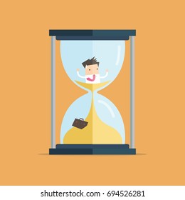 Businessman be trapped in hourglass and sinking in sand. Expired deadline, business time management, time is running out themes design. vector