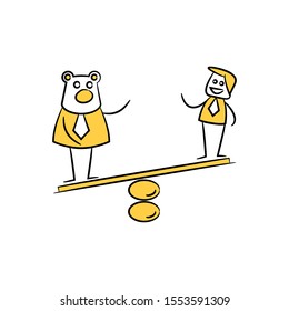 businessman and bear on balance scale yellow doodle stick figure