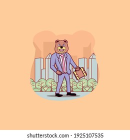 businessman bear wearing work suite and carrying briefcase animal mascot character vector illustration cartoon design with city background
