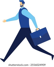 Businessman with beard and briefcase running to work or important meeting, side view of office worker hurrying, fast and dynamic business concept