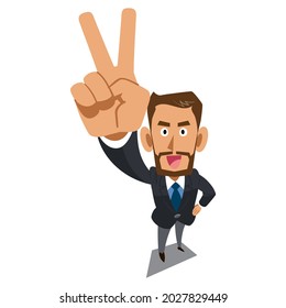 A businessman with a beard on brown skin with a V sign