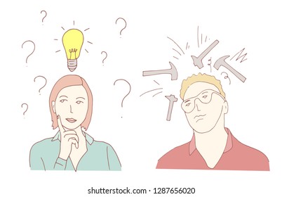 The businessman with a beard pointing to the bulb. Idea concept. Vector flat design illustration.