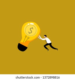 The businessman with a beard pointing to the bulb. Idea concept. Vector flat design illustration. Horizontal layout with a text space in a left