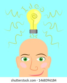 The businessman with a beard pointing to the bulb. Idea concept. Vector flat design illustration. 