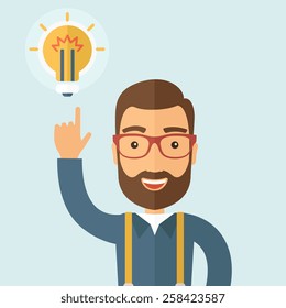 The businessman with a beard pointing to the bulb. Idea concept.  Vector flat design illustration.