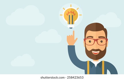 The businessman with a beard pointing to the bulb. Idea concept.  Vector flat design illustration. Horizontal layout with a text space in a left.