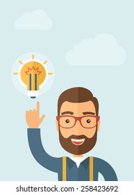 The businessman with a beard pointing to the bulb. Idea concept.  Vector flat design illustration. Vertical layout with a text space in a top.