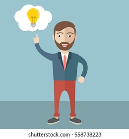 El hombre de negocios con barba apuntando a la bombilla.Concepto de idea. Ilustración de diseño plano vectorial. Diseño horizontal con un espacio de texto a la izquierda