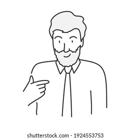 Businessman with a beard points to himself. Are you talking about me? Hand drawn vector illustration.