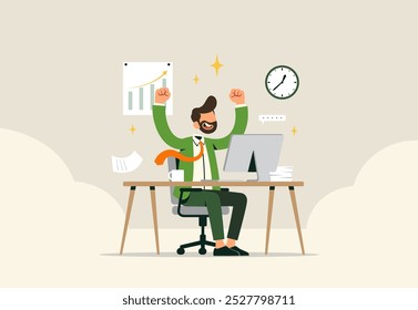 A businessman with a beard sits at a desk with a computer, raising his arms in celebration. Behind him, a chart shows an upward trend, and the time on the clock suggests success has come quickly.