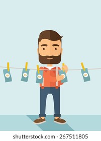 A businessman with beard standing hanging his money has a financial problem. He enter into money laundering business. Bankruptcy concept.  A contemporary style with pastel palette soft blue tinted