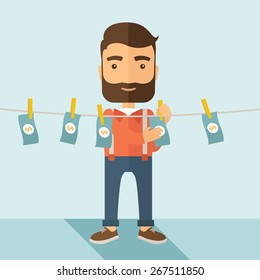 A businessman with beard standing hanging his money has a financial problem. He enter into money laundering business. Bankruptcy concept.  A contemporary style with pastel palette soft blue tinted