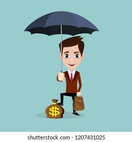 A businessman with beard standing holding umbrella protecting his money to investments, money management. Saving money for any storm problem will come. Business concept.