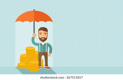 A businessman with beard standing holding umbrella protecting his money to investments, money management. Saving money for any storm problem will come. Business concept.A contemporary style with