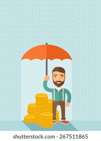 A businessman with beard standing holding umbrella protecting his money to investments, money risk management. Saving money for any storm problem will come. Business concept.A contemporary style with