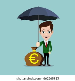 A businessman with beard standing holding umbrella protecting his money to investments, money management. Saving money for any storm problem will come. Business concept.