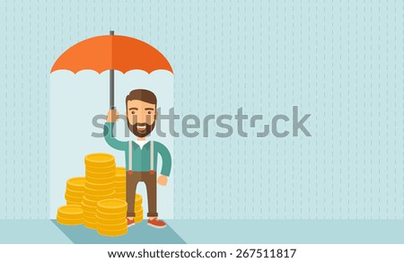 A businessman with beard standing holding umbrella protecting his money to investments, money management. Saving money for any storm problem will come. Business concept.A contemporary style with