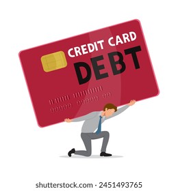 A Businessman Bearing Credit Card Debt.White background, 
credit card debt cricis concept.Flat, Vector, Illustration, Cartoon, EPS10. 