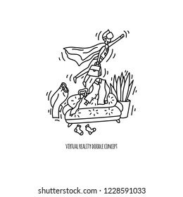 Businessman became a superhero at home after work. Virtual reality doodle style hand drawn concept. Stock vector