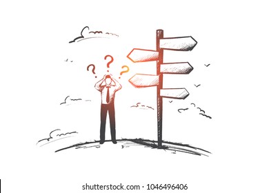 Businessman before choice concept. Hand drawn person had to make a decision. Man has to decide isolated vector illustration.