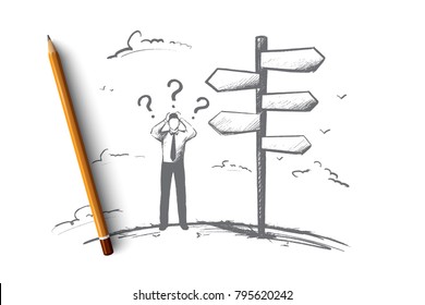 Businessman Before Choice Concept. Hand Drawn Person Had To Make A Decision. Man Has To Decide Isolated Vector Illustration.