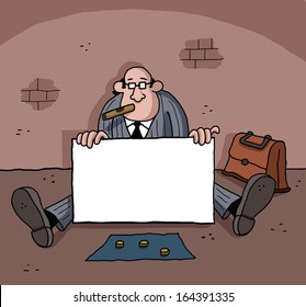 Businessman is begging and holding an empty sign