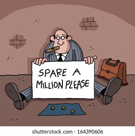 Businessman is begging and holding a sign