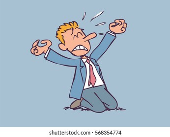 Businessman begging kneeling and desperate while raising his hands up