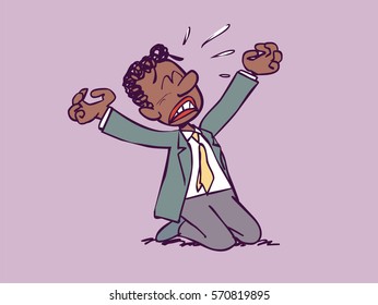 Businessman begging kneeling and desperate while raising his hands up
